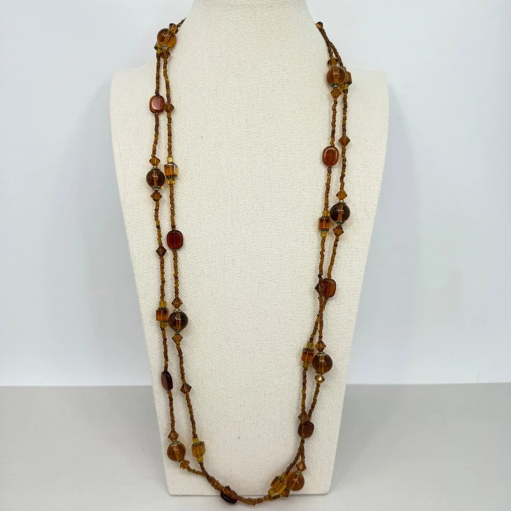 Long Amber Toned Beaded Necklace Geometric Glass Honey Cognac Brown Flapper 72in
